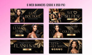 DIY Web Banners Set, 15 Website Banners Beauty Artist Hair Nails Boutique, Gold and Black Web Banners, Shopify Web Canva Templates - Digital Products/File