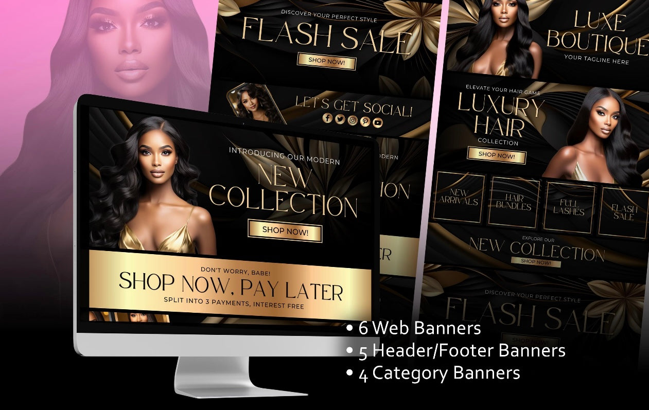 DIY Web Banners Set, 15 Website Banners Beauty Artist Hair Nails Boutique, Gold and Black Web Banners, Shopify Web Canva Templates - Digital Products/File