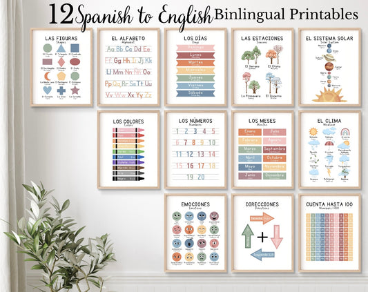 12 Bilingual Spanish Educational Posters, Learn Spanish, Spanish Classroom Posters, Homeschool Printables, Spanish Lessons Alphabet Poster